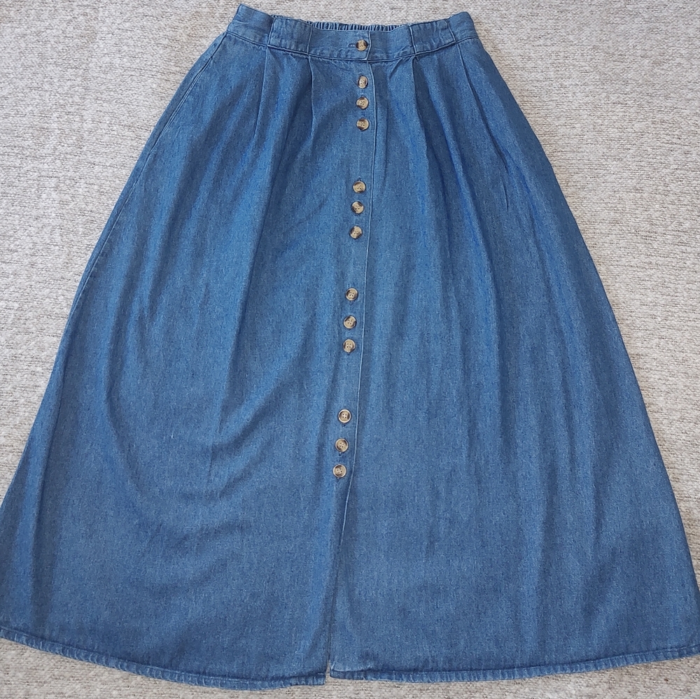 Bedford Fair 8 Denim Button Down Maxi Skirt A Line Natural Cotton Cottagecore